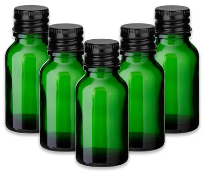Produktbild von 5x Grüne Glasflasche 15 ml mit schwarzem Aluminium Schraubverschluss