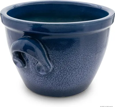 A blue ceramic pot with handles is shown against a white background.
