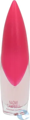 A perfume bottle with a pink cap.
