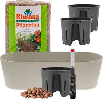 Produktbild von Leni Flori Jardiniere Blumentopf länglich 36 cm kiesel / stein-grau Hydrokultur-Komplett-Set mit Übertopf Hydro-Töpfen Wasserstandsanzeiger & Pflanzton