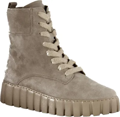 A single gray suede lace-up boot with a thick sole is shown against a white background.