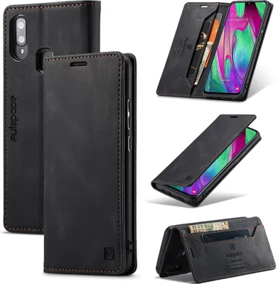 Produktbild von Galaxy A40 Brieftasche Hülle, Retro Kunstledertasche Stand Schutzhülle für Samsung Galaxy A40 Schwarz