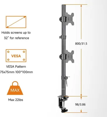 Produktbild von Vertikale Doppelmonitorhalterung für 13-27-Zoll Monitore, Klemmenmontage, volle Einstellbarkeit