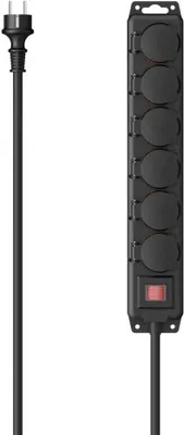 A black power strip with six outlets and a red switch, connected to a black power cord.