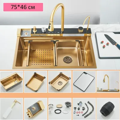 Immagine prodotto di Set lavello da cucina - Doppia vasca - Acciaio inossidabile 304 - Montaggio da appoggio - Rubinetto con display digitale - Dispenser per sapone e lavabicchieri - Oro spazzolato