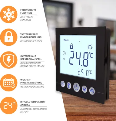 A digital thermostat is shown with various feature icons and text descriptions on the left side, and the thermostat's display and buttons on the right.