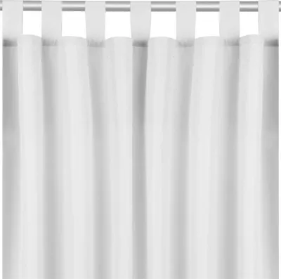 A close-up view of white curtains hanging from a rod.