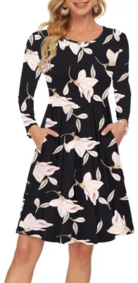 Produktbild von AUSELILY Langarm Knielang Plissee Kleid Taschen Trichterwinde S