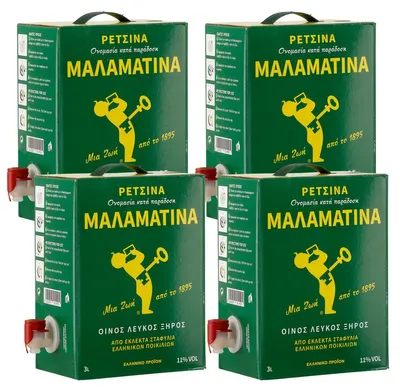 Produktbild von Retsina Malamatina 4x 3,0l Bag-in-Box | Geharzter Weißwein aus Griechenland | 11% Vol. | +20ml Jassas Olivenöl