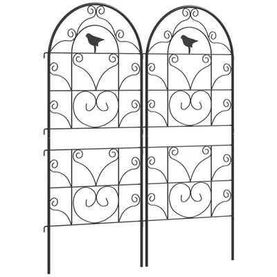 Image de Outsunny Jeu de 2 treillis métalliques inoxydables Support pour plantes grimpantes avec design d'oiseaux Noir