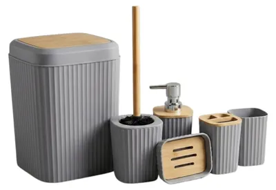 Produktbild von Badset 6-teilig, Badezimmer Zubehörset, Badaccessoires quadratisch Grau