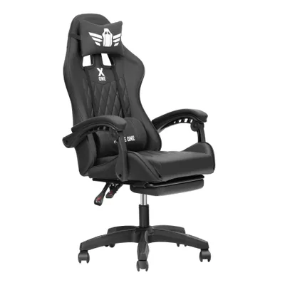 A black gaming chair with a headrest and lumbar support, shown from a front-side angle on a white background.