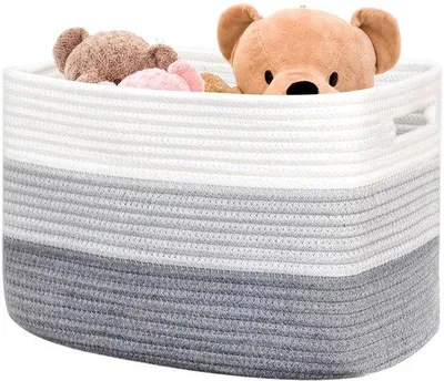 Produktbild von Ibenzoa® Wäschekorb aus 100% Baumwollseil, 54 x 43 x 30 cm – weiß‑grau, großer Aufbewahrungskorb mit verstärkten Griffen, maschinenwaschbar, für Wäsche & Spielzeug