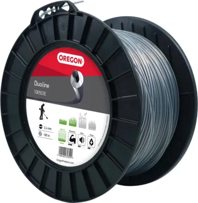 A spool of trimmer line on a black plastic reel, with product information and branding on the label.
