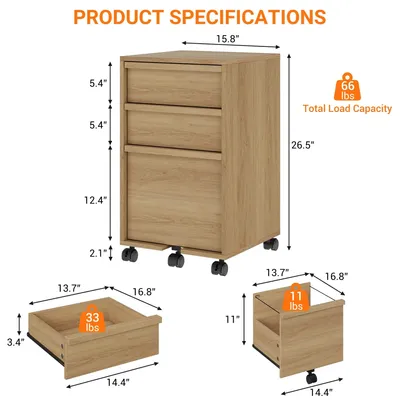Zdjęcie produktu dla Mobilna szafka na dokumenty na kółkach – 3 szuflady – drewniana – 67,3 × 40,1 × 36,8 cm – kolor khaki