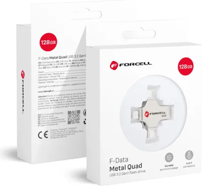Obrázok produktu pre FORCELL F-DATA pendrive Metal Quad 128GB USB3.2 Gen 1 (USB A / Type C / Lightning / Micro USB) strieborná