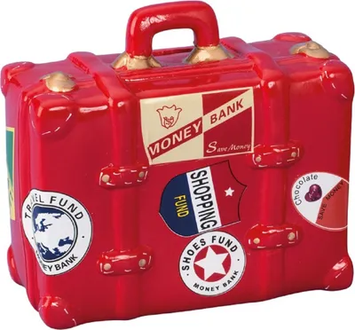 Produktbild von Spardose Reisekoffer in Rot handbemalt 14 cm x 6 cm x 13 cm