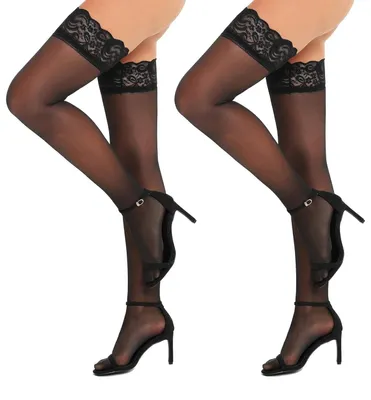 Productafbeelding van Solidchoice - Nylon Kousen met Kanten Boven de Knie - 2 Paar