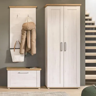 Produktbild von Garderobenset mit Garderobenschrank & Schuhbank in Lärche & Eiche im Landhaus-Stil, 3-teilig - VISOKO-158