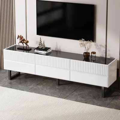 Produktbild von Merax TV-Schrank mit 3 Schubladen und Hochglanzplatte, TV-Ständer aus MDF für Wohnzimmer und Flur, TV Lowboard mit großer Stauraum, Schwarz-Weiß Design
