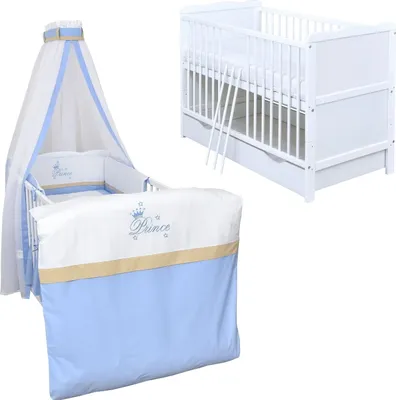 Produktbild von Baby-Delux Babybett Kinderbett Jack 140×70 weiß inkl. Schublade Bettwäsche komplett Set Prince