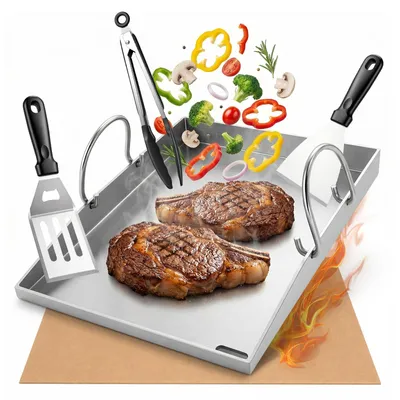 Produktbild von Plancha Grillplatte 40 × 30 cm, 4 mm Edelstahl, mit 3 Grillwerkzeugen und 30 Fettpapieren, für Gas- und Holzkohlegrill, BBQ-Zubehör