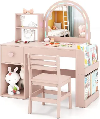 Productafbeelding van 2-in-1 make-up tafel kinderset, kaptafel met krukje en kleurrijke LED-spiegel, kindertafel met make-up met boekenkast, lade en kast, make-up tafel voor meisjes vanaf 3 jaar (roze)