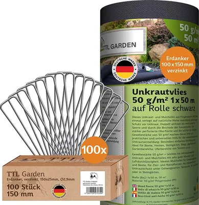 Produktbild von TTL GARDEN Unkrautvlies 50m² 1x50m Rolle +100 Erdanker 50g/m²
