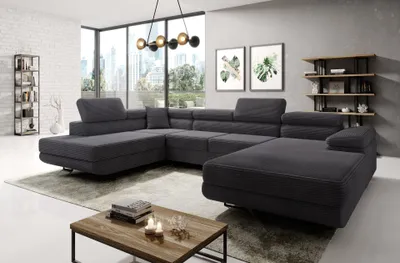 Produktbild von Easy4You Graphite Ecksofa Varberg Kord in U-Form 345 x 72 x 205 cm mit Schlaffunktion und Bettzeugbehälter - Schlafsofa mit Bettkasten - Links - Eckcouch mit Stauraum - Stoff: Kord Poso 34