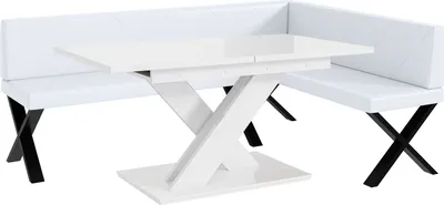 Produktbild von MEBLINI Eckbank für Esszimmer mit ausziehbarem Tisch  - Küchenbank - Essecke - Sitzecke Küche - ERIC - X-Beine 142x196x87cm Rechts - Weiß Kunstleder/B Weiß Hochgl.