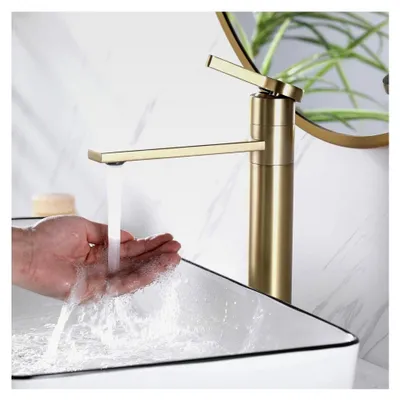 Produktbild von Waschtischarmatur in Gold, Hochwasserhahn mit 360° schwenkbarem Auslauf, Armatur für Bad Waschbecken, Mischbatterie für Aufsatzwaschbecken, gebürstetes Gold