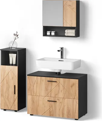 Produktbild von Badmöbel-Set Livinity Ronco Goldkraft Eiche/Anthrazit 3 Teile, mit Midischrank, Model 52701