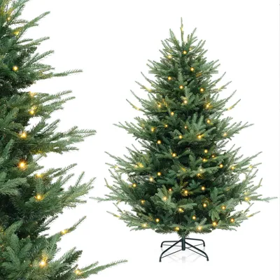 A Christmas tree with lights on a white background.