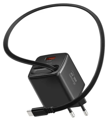 Immagine prodotto di Swissten, caricabatterie USB-A da 30 W con cavo USB-C retrattile integrato da 0,75 m, nero