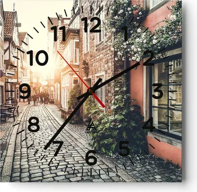 Produktbild von Wanduhr - Quadrat - Glasuhr - Straße Haus Leute - 40x40cm - Schleichendes Uhrwerk - Lautlos - zum Aufhängen bereit - Dekoration Modern - Wanddekoration aus Glas - C4AC40x40-3631