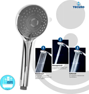 Produktbild von tecuro Komfort-Handbrause Ø 100 mm, mit 3-Funktionen und Antikalknoppen, verchromt