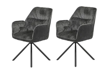 Produktbild von 2er Set Drehstuhl Esszimmerstuhl Amira - Bezug Samtvelour+Breitcord Anthrazit - Armlehnen - drehbar 270° autoreturn - 120kg belastbar