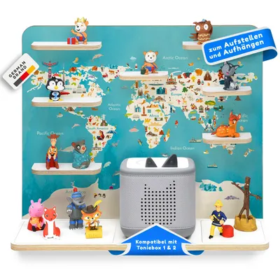 Produktbild von stadtecken® Kinder Regal für Musikbox I Geeignet für die Toniebox 1 & 2 und Tonies I Hörspiel I zum Aufstellen oder Aufhängen I Globus