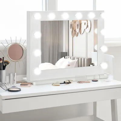 Image de HOMCOM Miroir Maquillage Hollywood Lumineux LED Tactile L80 x H60 cm Miroir lumineux sur table avec 12 LED, luminosité réglable, Fonction mémoire - Blanc