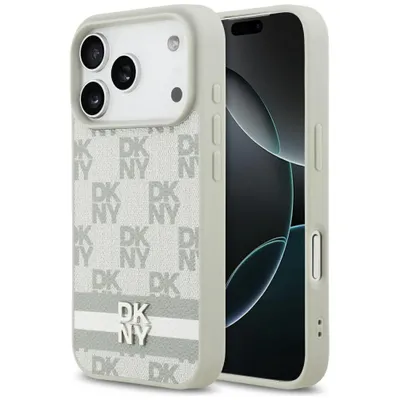 Obrázok produktu pre Puzdro iPhone 17 Pro DKNY z umelej kože béžové logo kovové strieborné