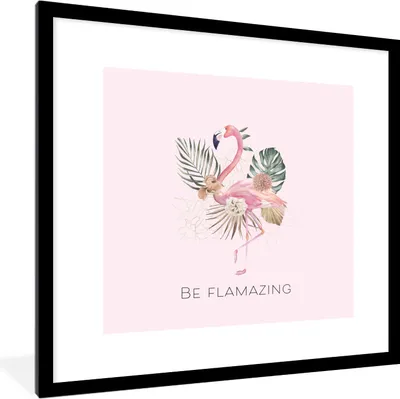 Produktbild von MuchoWow® MuchoWow® Gerahmtes Poster Flamingo - Blumen - Blätter - Pastell 40x40 cm - Poster mit zchwarzem Bilderrahmen - Poster - Plakat im Rahmen