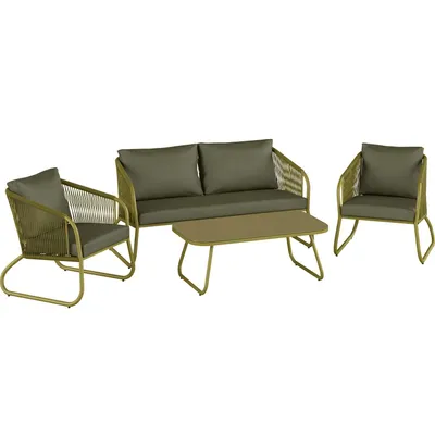 A four-piece outdoor lounge set consisting of a two-seater sofa, two armchairs, and a coffee table, all with a gold-colored metal frame and olive-green cushions and rope detailing.