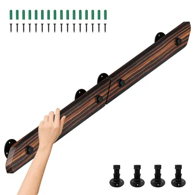 Zdjęcie produktu dla Poręcz ścienna sosnowa o długości 120 cm, możliwość łączenia w dłuższą poręcz, kolor brązowy z widocznym usłojeniem drewna, z metalowymi uchwytami