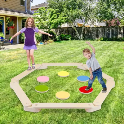 Produktbild von Bettizia Balancierbalken Kinder Schwebebalken Set mit 6 Balanciersteinen aus Holz Sensorik & Motorik Spielzeug