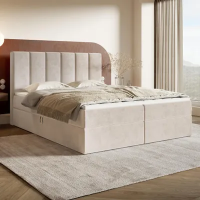 Produktbild von MOTIVENA Santiago Boxspringbett 180x200 Beige Samt (Amor 04), Bonellfederkern-Matratze (H4), T28 Komfortschaumstoff Topper (H3)