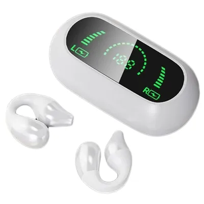 A white charging case for wireless earbuds with a digital display and two white earbuds shown separately.