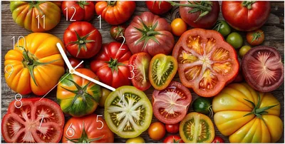 Produktbild von Wanduhr aus Glas mit Motiv Verschiedene Tomaten- 60 x 30 cm - inkl. Aufhängesystem