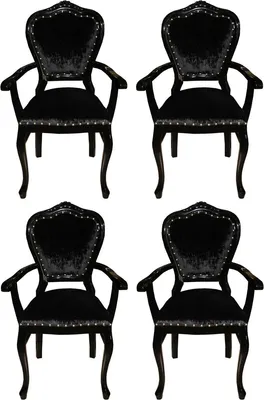 Produktbild von Casa Padrino Luxus Barock Esszimmer Set Schwarz / Schwarz 60 x 47 x H. 99 cm - 4 handgefertigte Esszimmerstühle mit Armlehnen - Barock Esszimmermöbel