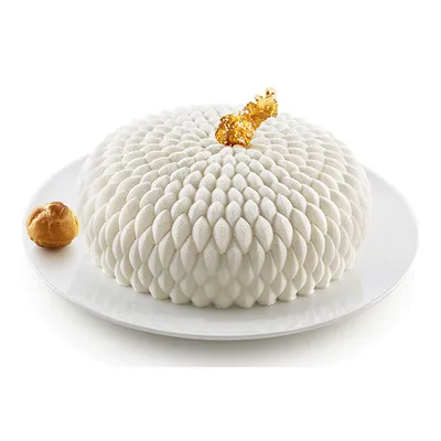 A white, dome-shaped cake decorated with petal-like textures and a golden topping, placed on a white plate next to a small pastry.