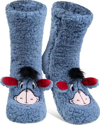 Produktbild von Disney I-Aah Esel Hüttensocken - Flauschige Sherpa Haussocken mit Ohren für Damen Winnie Puuh Kuschelsocken Wintersocken warme Frauen Socken OneSize Blau, Größe:38-43